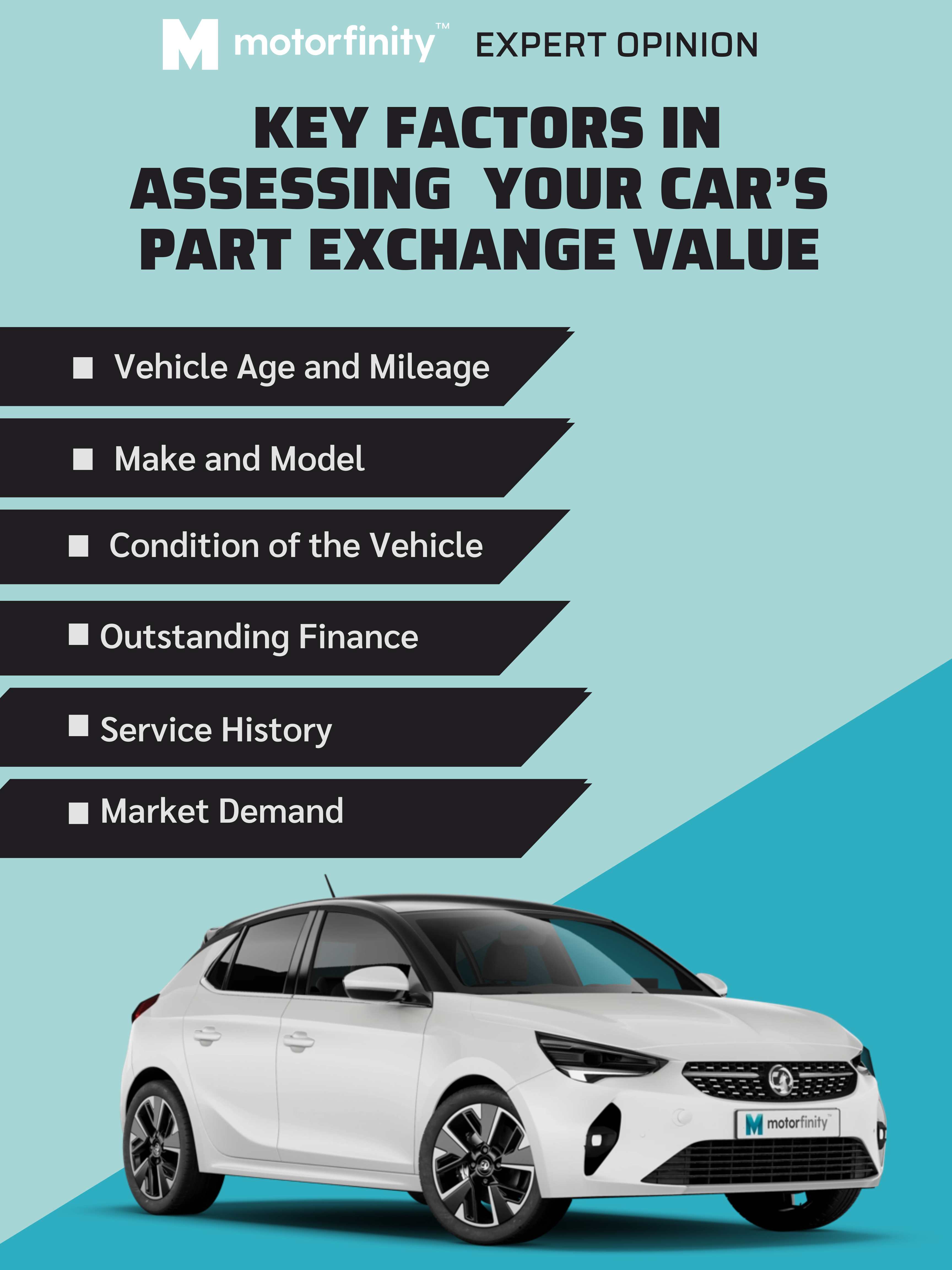 Infographic on Motorfinity expert opinion on how to assess car value for part exchange